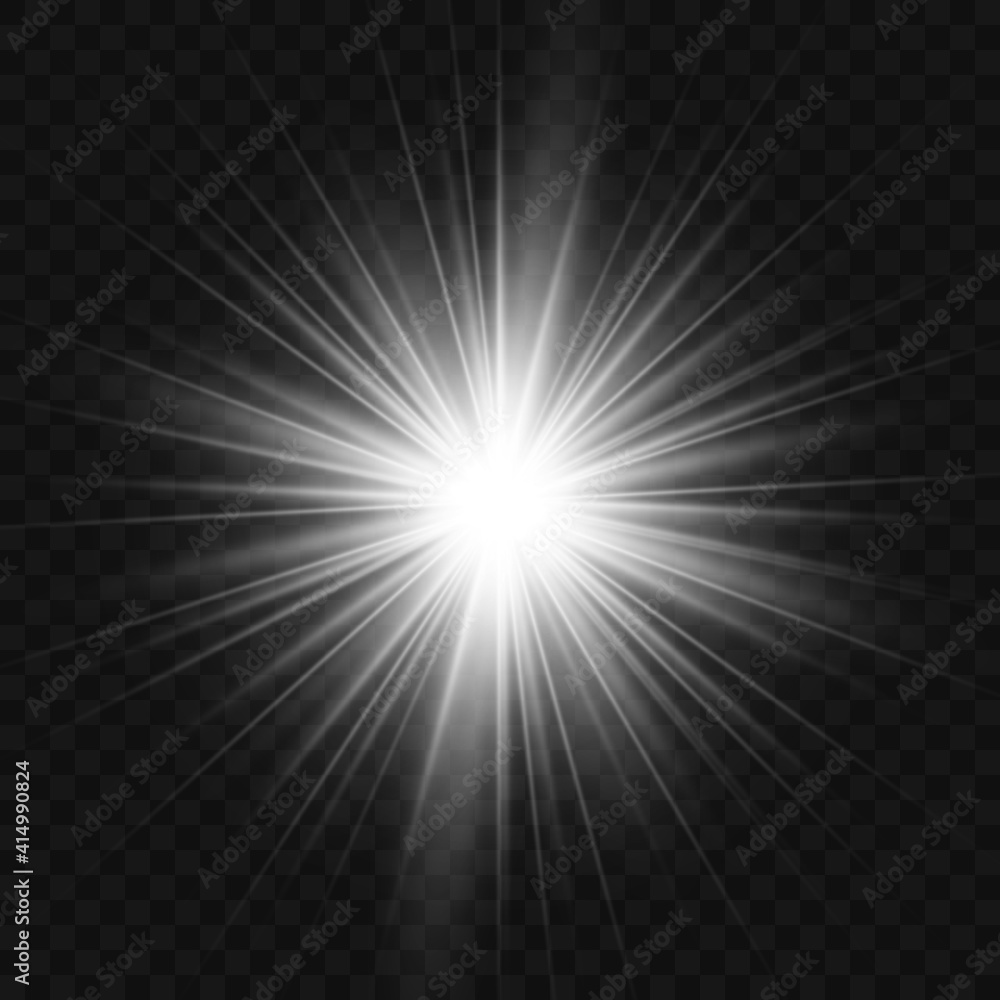 White glowing light flashes with transparent. Vector illustration for decorating cool effect with sequins rays. Bright Star. Transparent background, bright flash. White glowing light flashes with transparent. Vector illustration for decorating cool effect with sequins rays. Bright Star. Transparent background, bright flash.