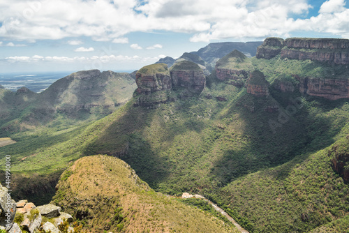 Mountains and valleys seen from Three Rondavels viewpoint, in Blyde River Canyon. Panorama Route, South Africa.