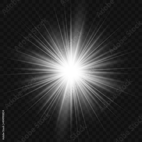 White glowing light flashes with transparent. Vector illustration for decorating cool effect with sequins rays. Bright Star. Transparent background, bright flash.	 photo