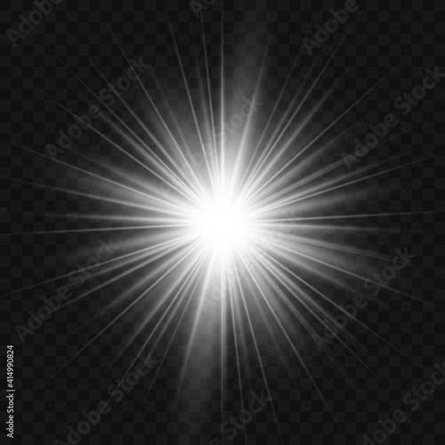 White glowing light flashes with transparent. Vector illustration for decorating cool effect with sequins rays. Bright Star. Transparent background, bright flash.	