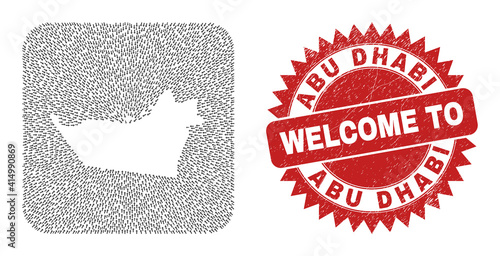Vector collage Abu Dhabi Emirate map of delivery arrows and grunge Welcome badge. Collage geographic Abu Dhabi Emirate map constructed as carved shape from rounded square shape with moving arrows.
