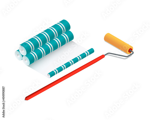 Isometric vector illustration wallpaper rolls and paint roller isolated on white background. Realistic paint roller icon in flat cartoon style. Wallpaper sticking. Renovation and reconstruction.