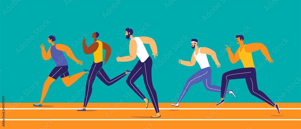 Multicultural group of young athletes running on the sports field. Modern flat design illustration in vivid colors. Multicultural group of young athletes running on the sports field. Modern flat design illustration in vivid colors.