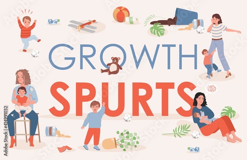 Growth spurts vector flat poster design with space for text. Tired and exhausted parents trying to calm down their children. Difficulties of children parenting, help with educating banner concept. © Pavlo Plakhotia