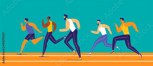 Multicultural group of young athletes running on the sports field. Modern flat design illustration in vivid colors. 