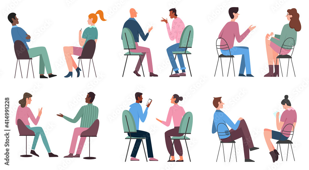 People sit on chairs vector illustration set. Cartoon man woman characters in casual clothes sitting on stools or chairs collection, holding smartphone, chatting with friends isolated on white