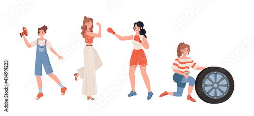 Female professions vector flat illustration . Woman engaged in boxing, repairs breakdowns, change car wheel. Strong, self sufficient, and independent women. Feminism, International Woman Day.