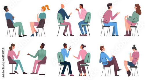 People sit on chairs vector illustration set. Cartoon man woman characters in casual clothes sitting on stools or chairs collection, holding smartphone, chatting with friends isolated on white