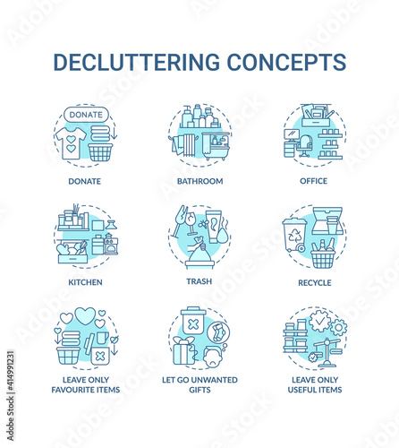 Decluttering concept icons set. Trash and recycling idea thin line RGB color illustrations. Letting go unwanted presents. Donation. Vector isolated outline drawings. Editable stroke
