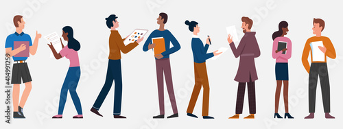 People stand in row vector illustration set. Cartoon young man and woman characters standing and talking, office workers holding paper documents and books, discussing work tasks isolated on white