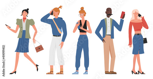 People holding phone vector illustration set. Cartoon young man woman characters standing, using cellphone for communication, businesswoman, hipster freelancer or fashion student isolated on white