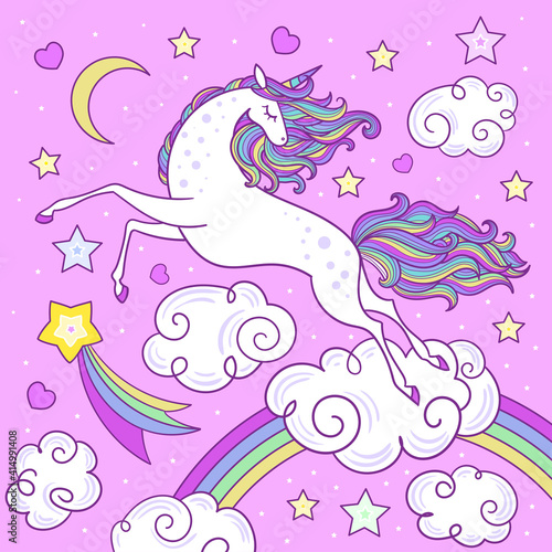 A rainbow unicorn flying in the sky. Children s illustration. Vector