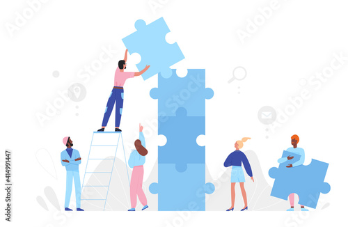 People team build puzzle, partnership concept vector illustration. Cartoon man woman partner group of characters building, connecting puzzle jigsaw pieces while standing on stairs isolated on white
