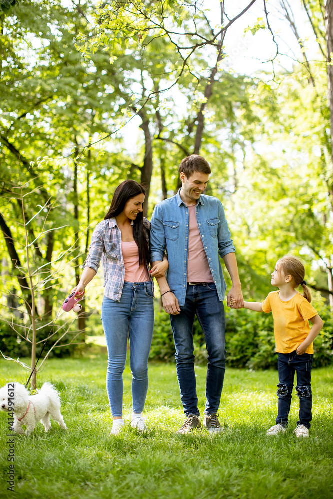 Obraz premium Happy family with cute bichon dog in the park