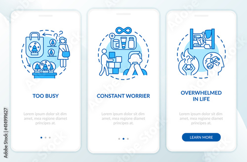 Clutter personality types onboarding mobile app page screen with concepts. Too busy person walkthrough 3 steps graphic instructions. UI vector template with RGB color illustrations