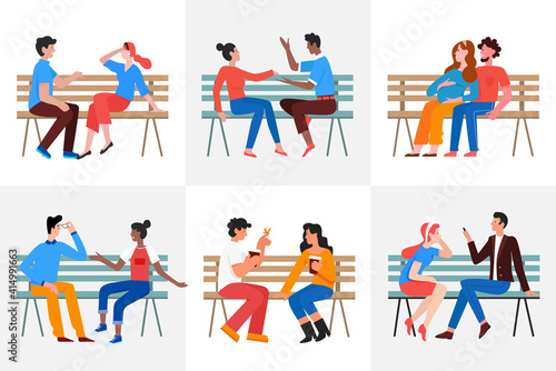 Couple people sit on park bench vector illustration set. Cartoon young man woman characters sitting on bench together on romantic dating or friendly meeting, girlfriend and boyfriend relationship