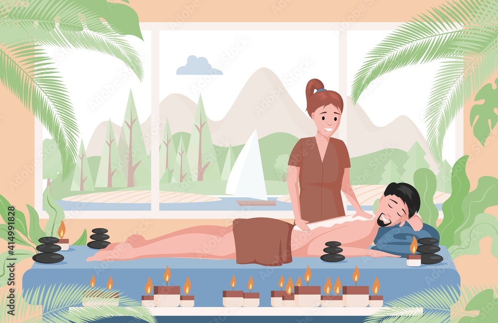 Obraz premium Massage therapist practicing massage on lying man. Relaxed man lying on couch and enjoying body massage. Spa salon or resort, wellness center, body relaxing treatment concept.