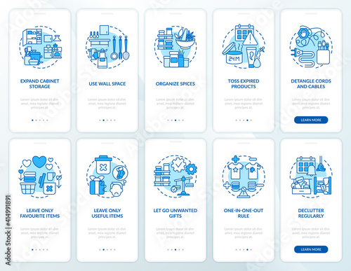 Expand cabinets storage space onboarding mobile app page screen with concepts set. Detangle cord and cables walkthrough 5 steps graphic instructions. UI vector template with RGB color illustrations