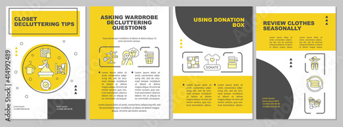 Closet decluttering tips brochure template. Using donation box. Flyer, booklet, leaflet print, cover design with linear icons. Vector layouts for magazines, annual reports, advertising posters