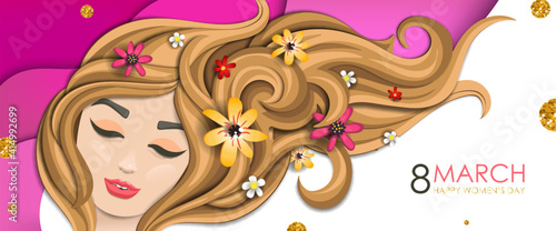 Happy Women Day illustration. 8 march. Paper cut girl head with flowers. Flyer, poster, web banner or greeting card. EPS10