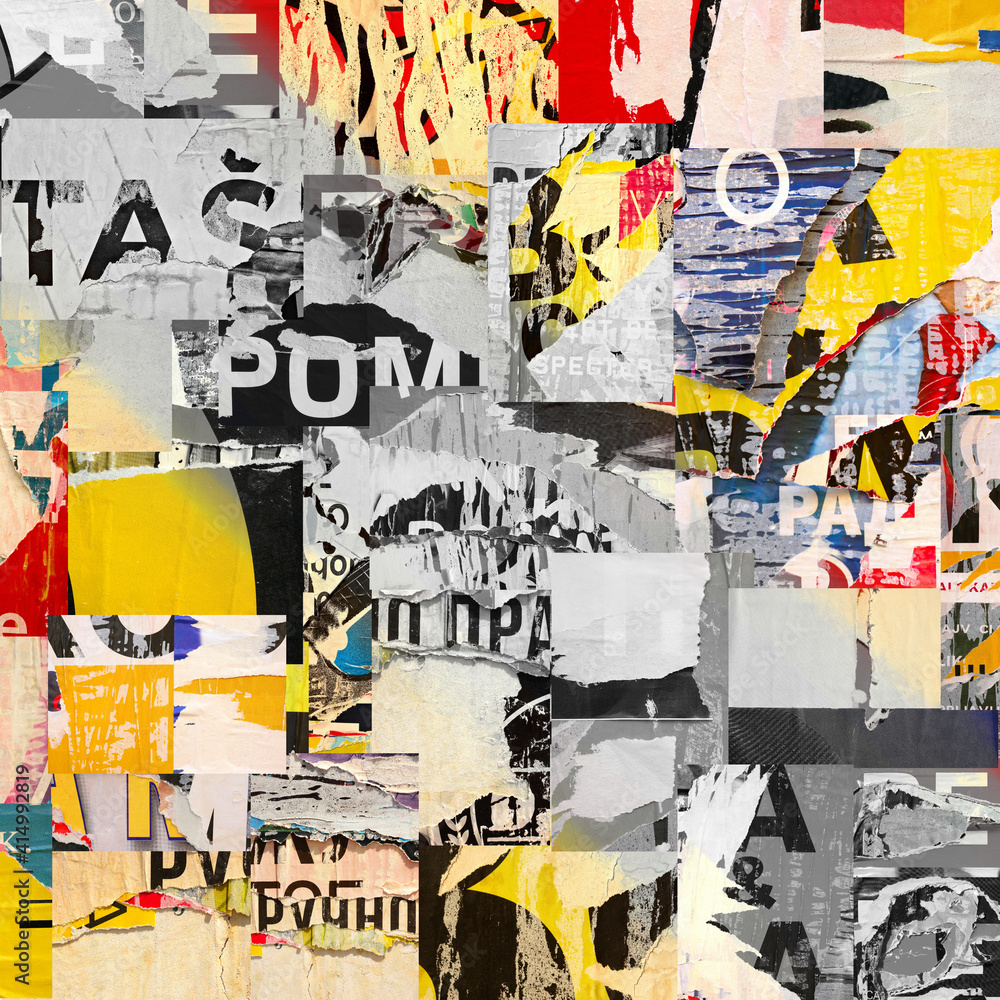 Fototapeta premium Collage of many numbers and letters ripped torn advertisement street posters grunge creased crumpled paper texture background placard backdrop surface
