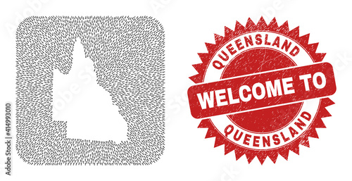 Vector collage Australian Queensland map of straight arrows and rubber Welcome badge. Mosaic geographic Australian Queensland map constructed as subtraction from rounded square with motion arrows.