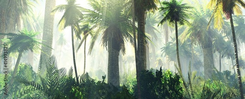 Palm trees in the fog, jungle in the morning, fog in the jungle, rainforest in the haze, 3D rendering