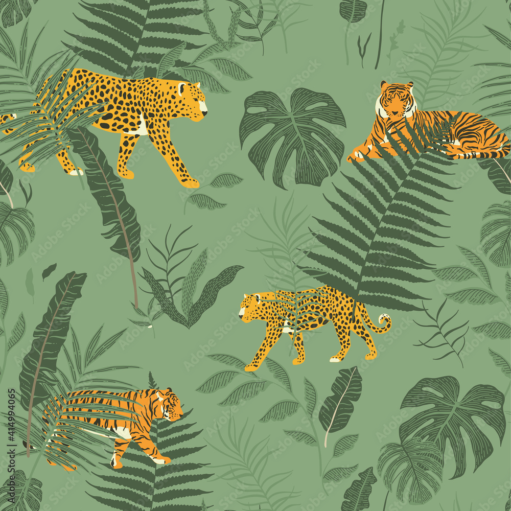 Fototapeta premium Jungle Pattern with Tropical Pastel Green Colors Leaves and Wild Animals.