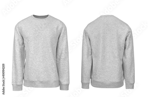 Add your own design. Men's Heather Grey Sweatshirt with Set In Sleeve, cutout and Isolated on a White Background for Branding and Personalisation. Photographed on a Medium Male Ghost Mannequin. photo