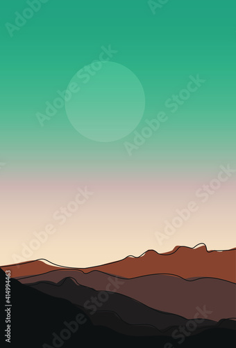 Vector image of a mountainous area at sunset or sunrise. Flat illustration of mountains, desert, slopes, sky, moon, sun. Design for cards, posters, textiles, backgrounds, banners, cartoons.