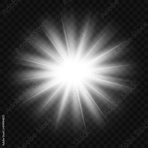 White glowing light flashes with transparent. Vector illustration for decorating cool effect with sequins rays. Bright Star. Transparent background, bright flash.	