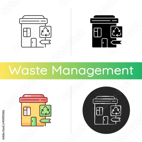 Recycling collection center icon. Landfill and material recovery facility. Drop-off center. Trash disposal. Transfer station. Linear black and RGB color styles. Isolated vector illustrations