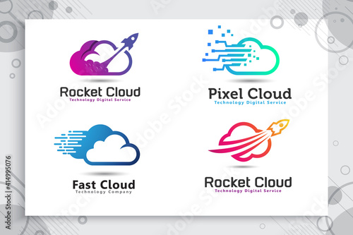Rocket cloud vector logo with colorful and simple style, illustration cloud and rocket as a symbol icon of digital technology  company.