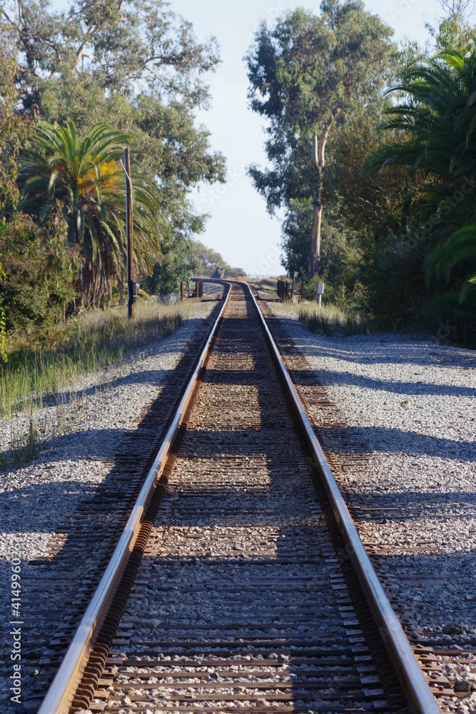 Fototapeta premium Southern California railroad tracks of a line along the coast near the town of Carpinteria