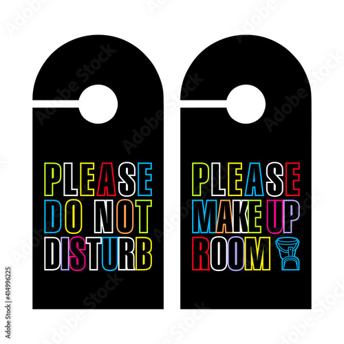 2 supports d'avertissement pour bouton de porte avec un texte graphique coloré sur fond noir - texte anglais: ne pas déranger, merci et merci de nettoyer la chambre.