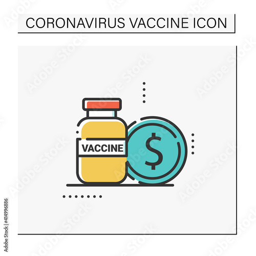 Vaccine price color icon. Vaccine bottle and dollar coin. Expensive medicine, pharmacy. Stop coronavirus pandemic. Covid19 disease vaccination concept. Isolated vector illustration