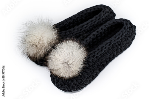 Black Crochet Slippers with White Pom poms