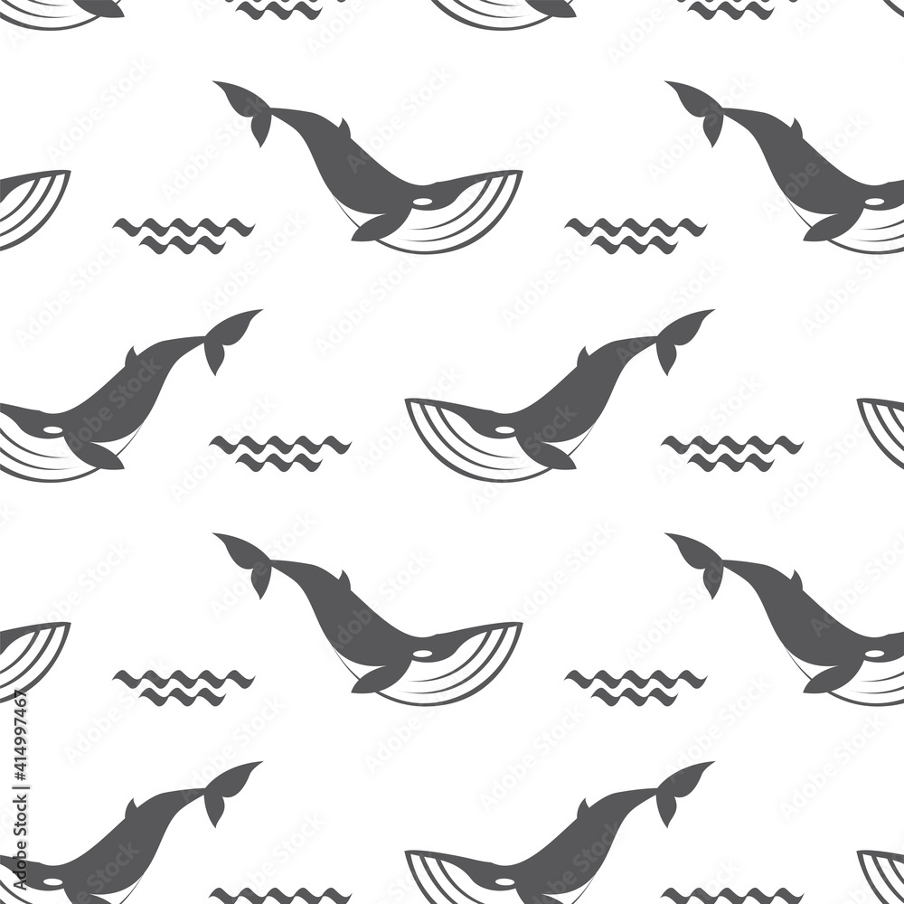 Fototapeta premium seamless pattern with whale and sea wave on white background