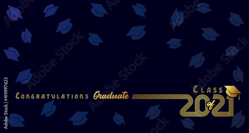 Class of 2021 Congratulation Graduate golden design on dark blue background. Congratulations graduation calligraphy elegant lettering. Template for high school or college party banner