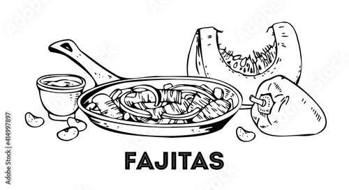 Composition with fajitas and vegetables. Hand drawn outline vector sketch illustration. Black on white background