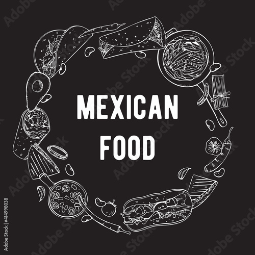 Round frame design template with traditional Mexican dishes and vegetables. Hand drawn outline vector sketch illustration. White on black background