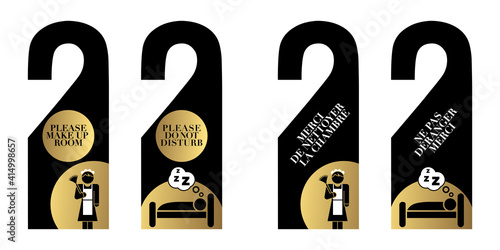 Ensemble de cintres de portes d’hôtels - or, blanc, noir décorés de pictogrammes - texte anglais et français - Traduction : ne pas déranger, merci et merci de nettoyer la chambre.