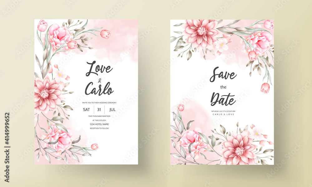 Beautiful wedding invitation card with watercolor flowers
