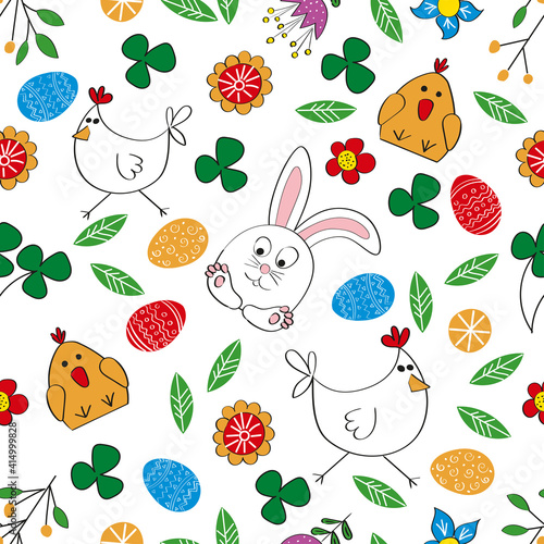 Seamless pattern for Easter with leaves, colored, painted eggs, chickens, chicken and rabbit. Suitable for flyer, congratulation, invitation, poster, banner, postcard, web, holiday packaging.