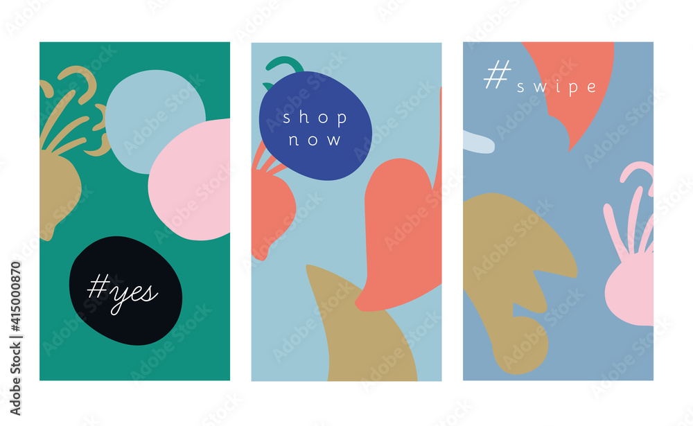 Set of three abstract trendy graphic design social media stories post web banner layout designs. Organic quirky shapes, neon pastel colors pink coral red blue. Floral dots Spring Summer modern motif