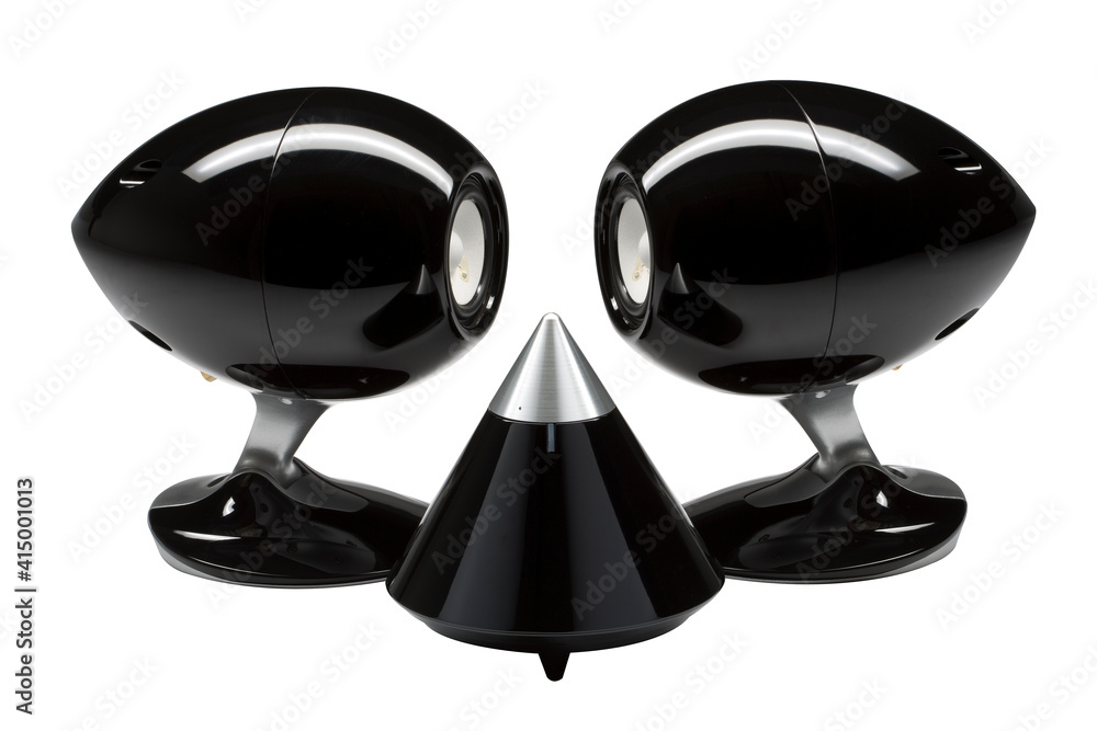 A pair of loudspeakers and a sub woofer. A pair of loudspeakers and a sub woofer.
