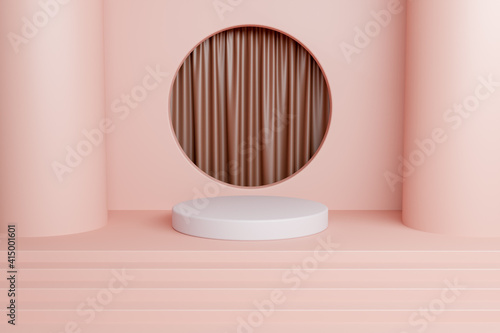 abstract mockup for product with curtains and circular pastel colored window . 3d render