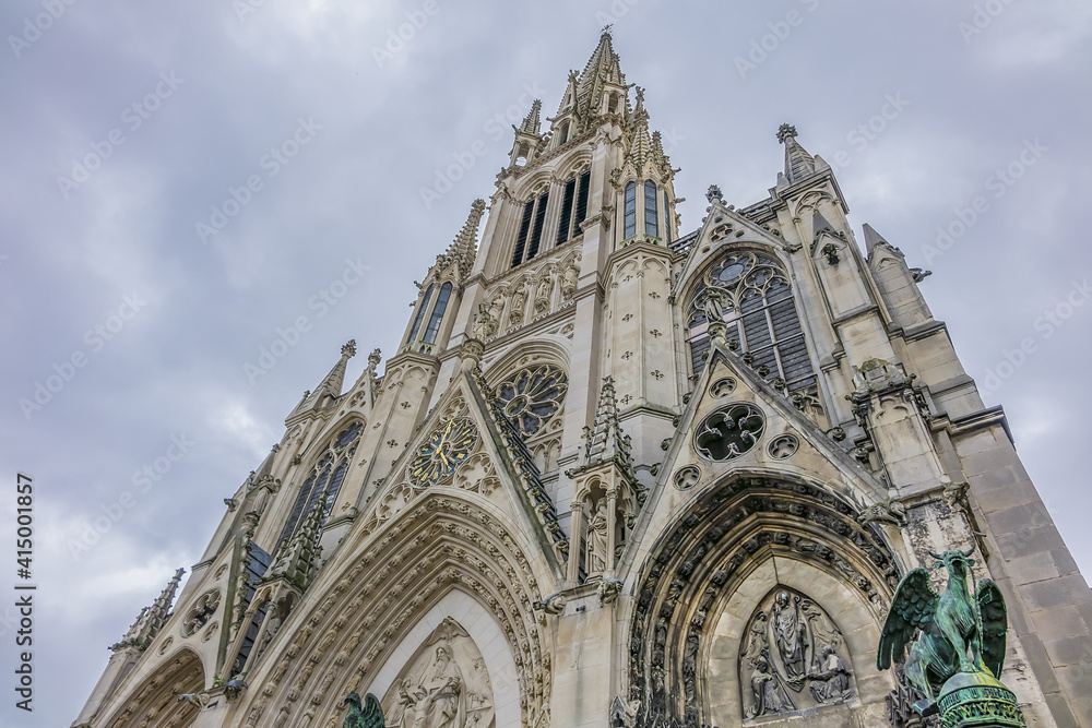 Architectural fragments of Nancy Saint-Epvre Basilica (1864 - 1874) - neo-Gothic basilica located at Place Saint-Epvre in Nancy Old Town. Basilica is dedicated to Saint Epvre. Nancy, Lorraine, France.