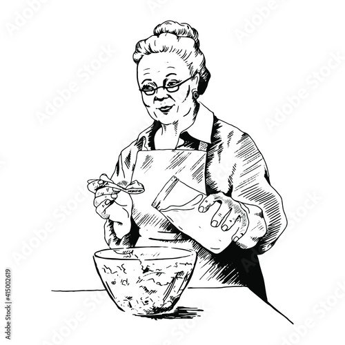 Grandma is preparing salad, lunch, putting mayonnaise from a can.Vector illustration, sketch, line art, doodle