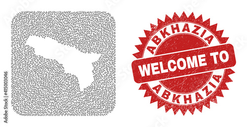 Vector collage Abkhazia map of immigration arrows and rubber Welcome badge. Collage geographic Abkhazia map constructed as hole from rounded square using pointing arrows.